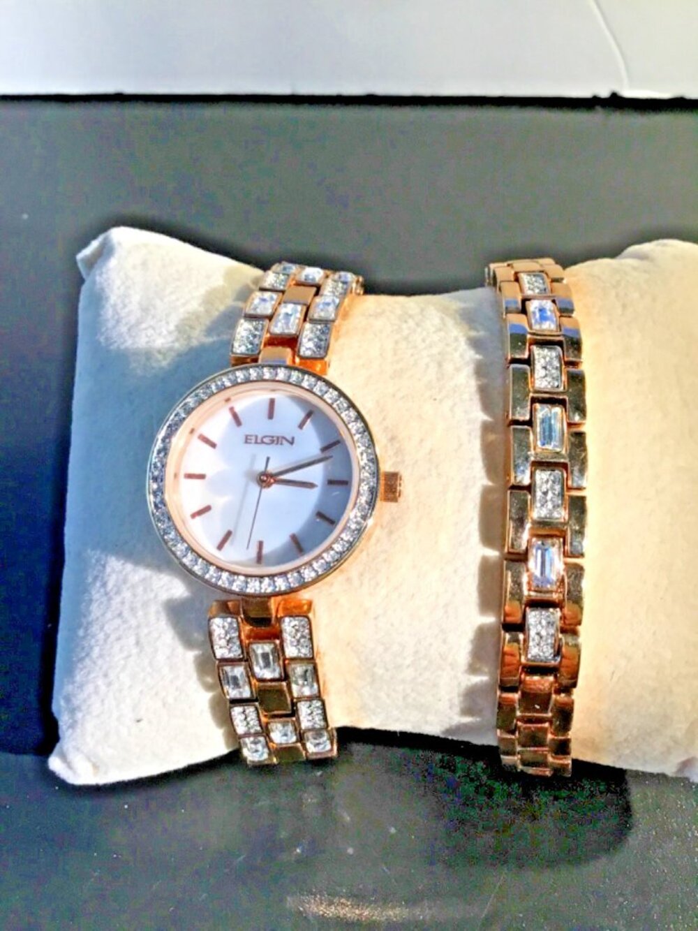 Elgin ADULT Quartz Analog MOP Dial Crystal Bezel Gold Tone Bracelet